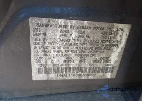 2003 Nissan Altima 2.5 S from USA, damaged, VIN 1N4AL11D83C350021